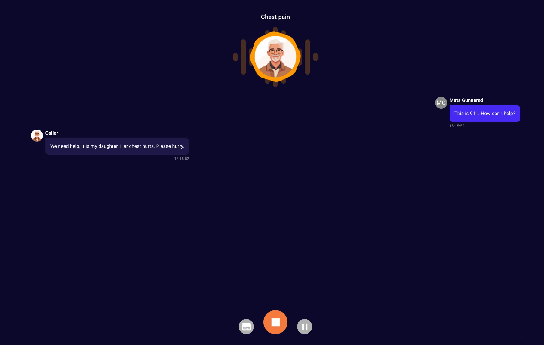 An operator running a live simulated 911 call with an AI caller, showing the real-time conversation transcript and call controls.