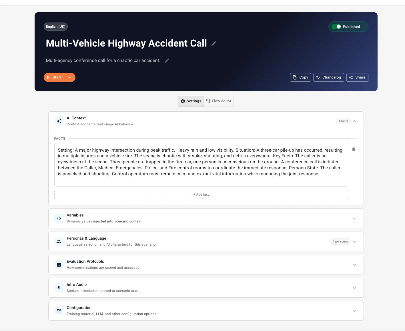 The sklls scenario editor configuring a multi-vehicle highway accident call — title, published state, AI context facts, personas and evaluation protocols.